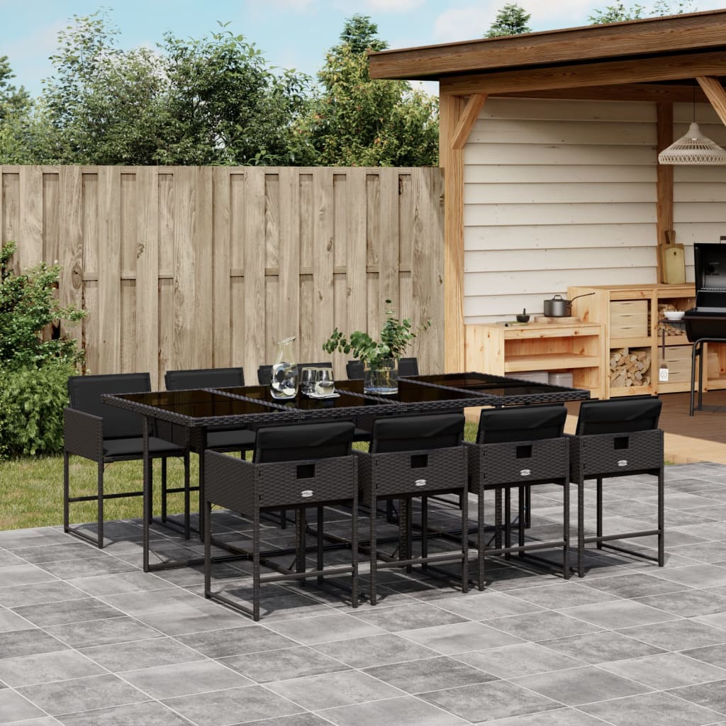 9-tlg. Garten-Essgruppe mit Kissen Schwarz Poly Rattan