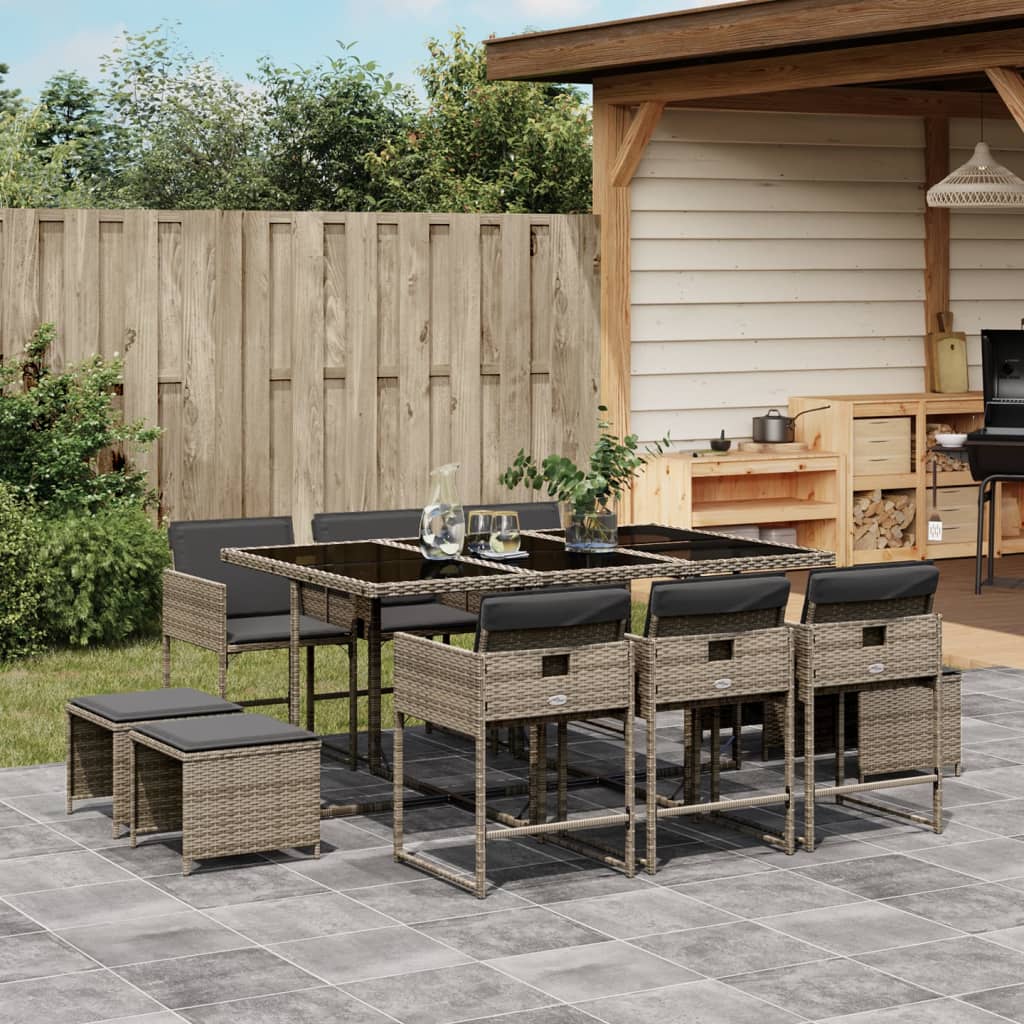 11-tlg. Garten-Essgruppe mit Kissen Grau Poly Rattan