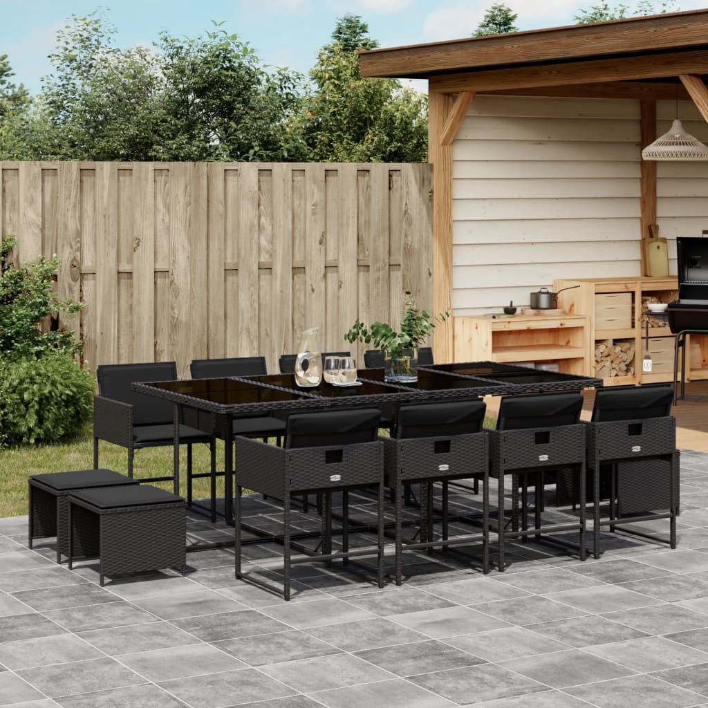 13-tlg. Garten-Essgruppe mit Kissen Schwarz Poly Rattan