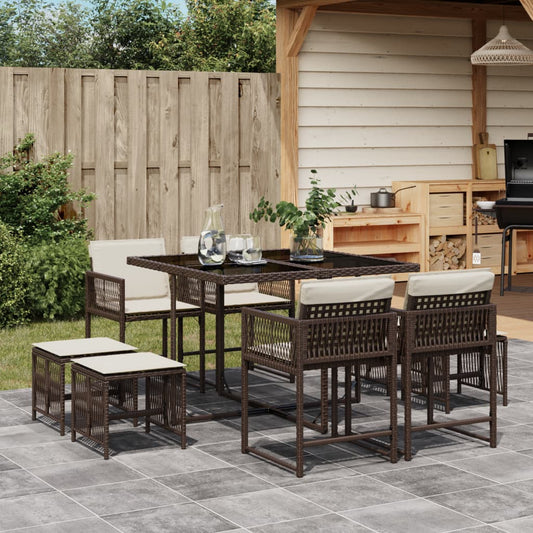 9-tlg. Garten-Essgruppe mit Kissen Braun Poly Rattan