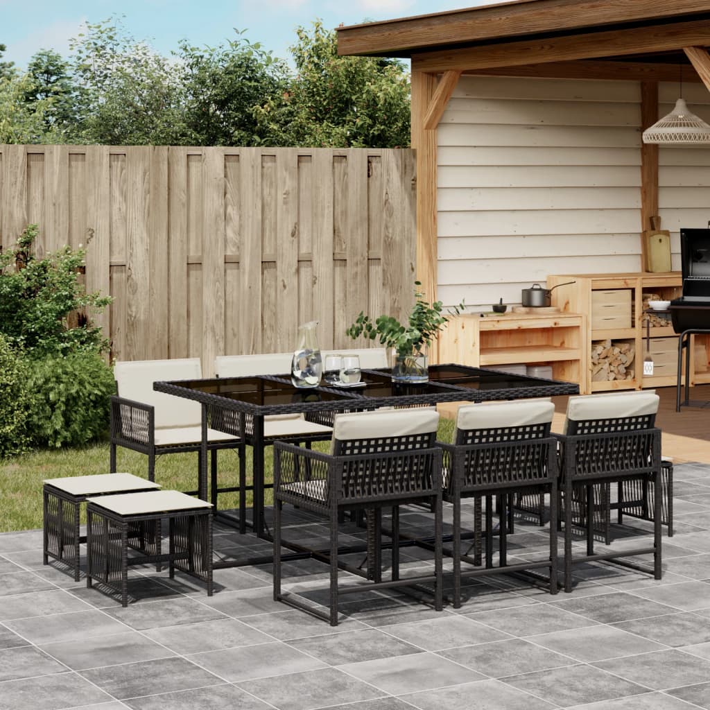 11-tlg. Garten-Essgruppe mit Kissen Schwarz Poly Rattan