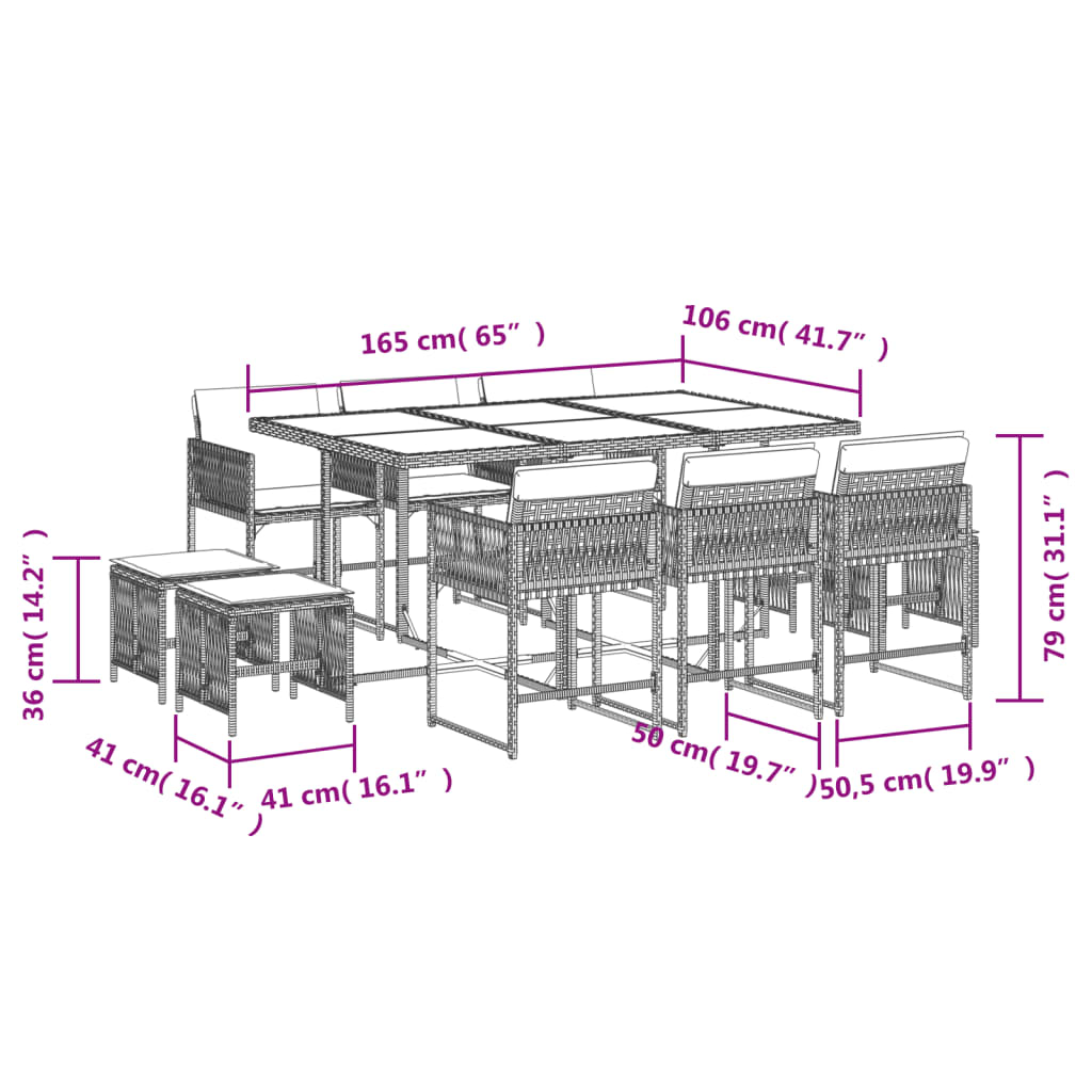 11-tlg. Garten-Essgruppe mit Kissen Grau Poly Rattan