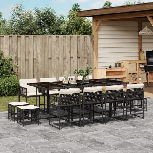 13-tlg. Garten-Essgruppe mit Kissen Schwarz Poly Rattan