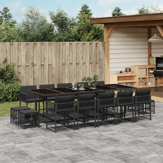 15-tlg. Garten-Essgruppe mit Kissen Schwarz Poly Rattan