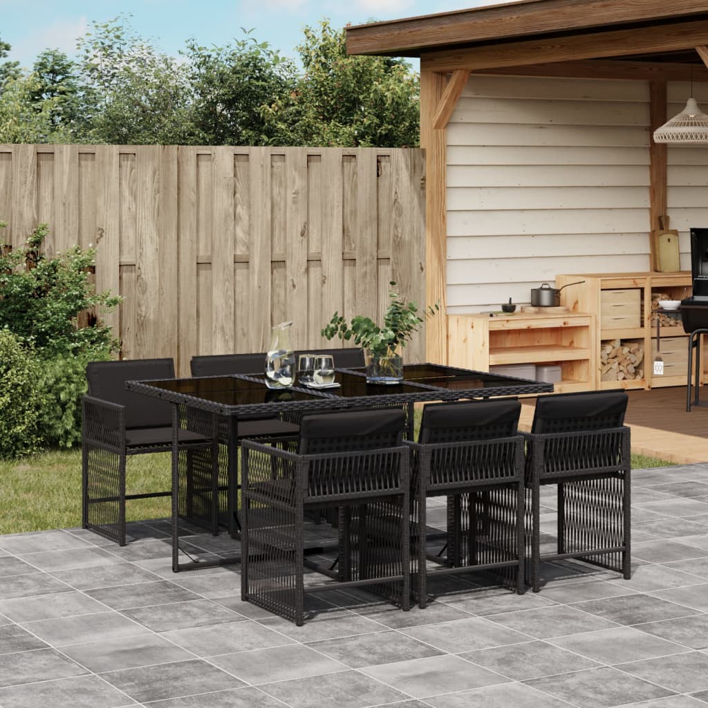 7-tlg. Garten-Essgruppe mit Kissen Schwarz Poly Rattan