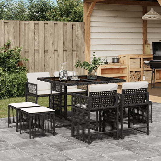 9-tlg. Garten-Essgruppe mit Kissen Schwarz Poly Rattan