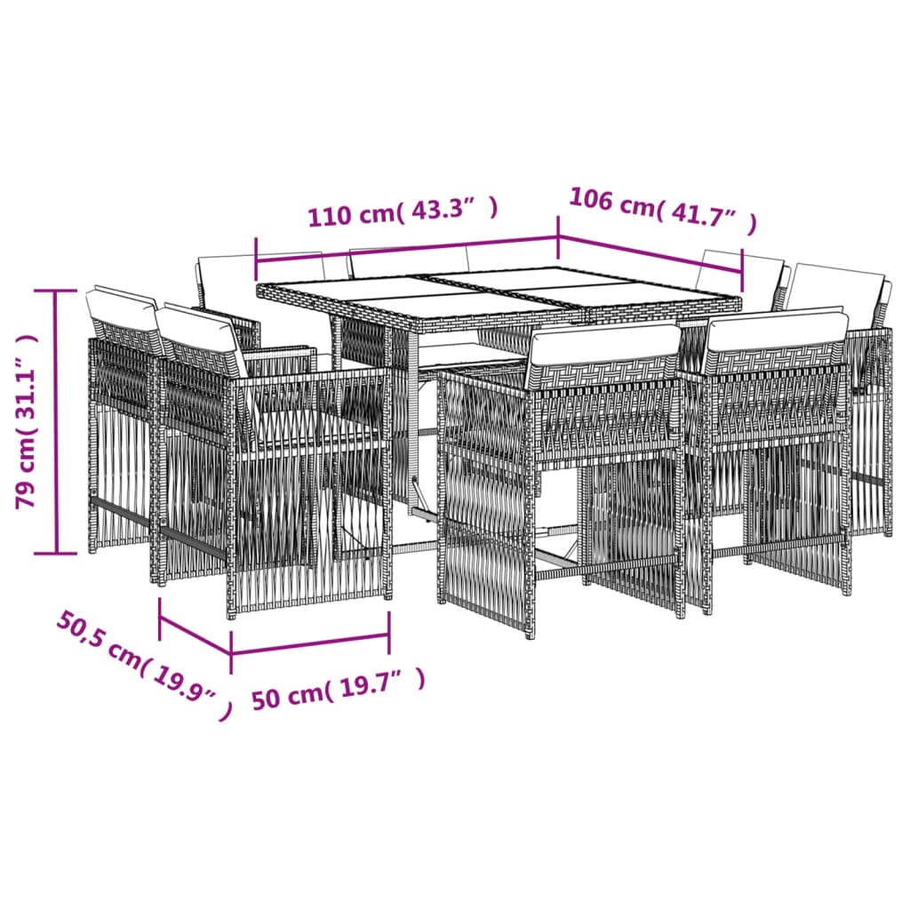 9-tlg. Garten-Essgruppe mit Kissen Schwarz Poly Rattan