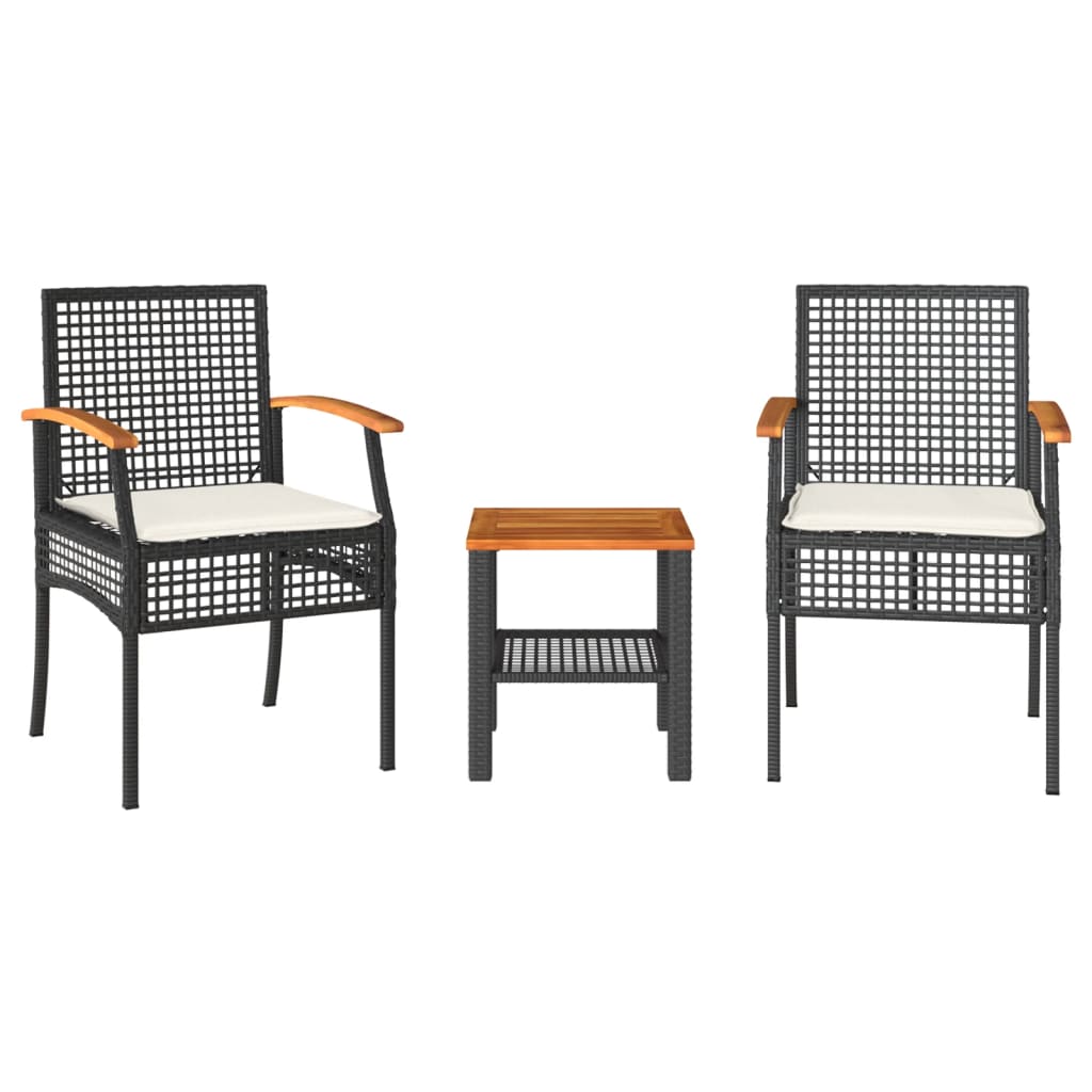 3-tlg. Bistro-Set mit Kissen Schwarz Poly Rattan Akazienholz