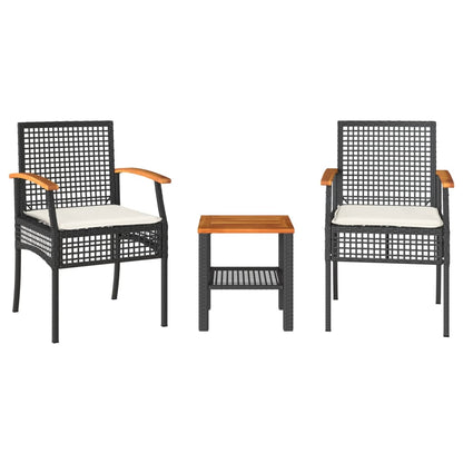 3-tlg. Bistro-Set mit Kissen Schwarz Poly Rattan Akazienholz