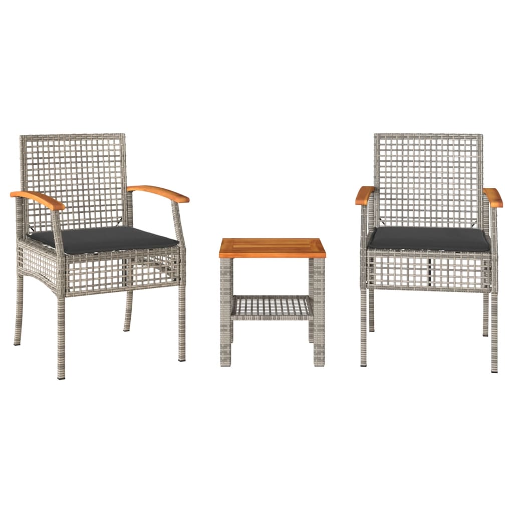 3-tlg. Bistro-Set mit Kissen Grau Poly Rattan Akazienholz