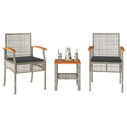 3-tlg. Bistro-Set mit Kissen Grau Poly Rattan Akazienholz