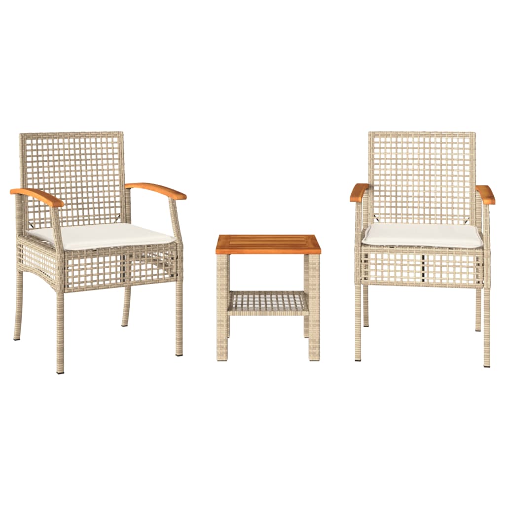 3-tlg. Bistro-Set mit Kissen Beige Poly Rattan Akazienholz