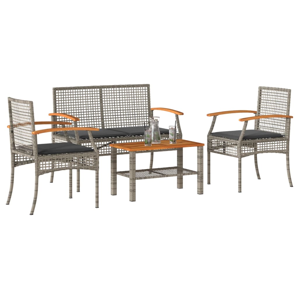 4-tlg. Garten-Lounge-Set mit Kissen Grau Poly Rattan