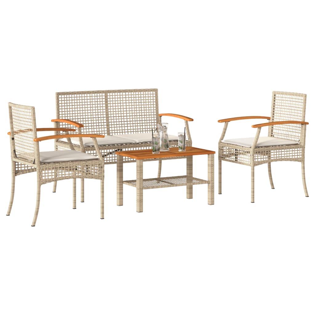 4-tlg. Garten-Lounge-Set mit Kissen Beige Poly Rattan