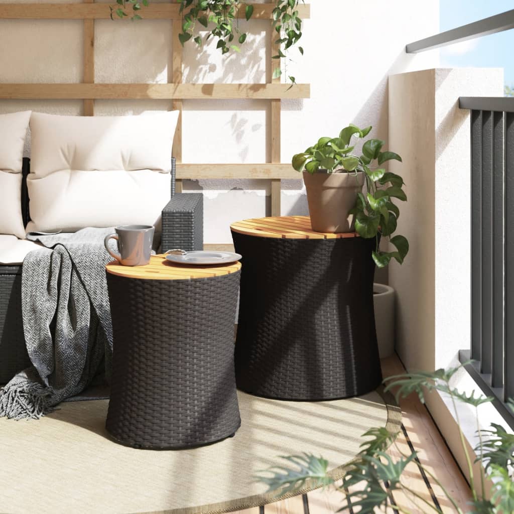 Garten-Beistelltische 2 Stk. mit Holzplatte Schwarz Poly Rattan