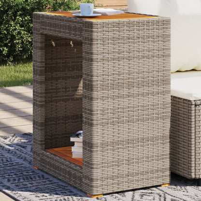 Garten-Beistelltisch mit Holzplatte Grau 60x40x75cm Poly Rattan