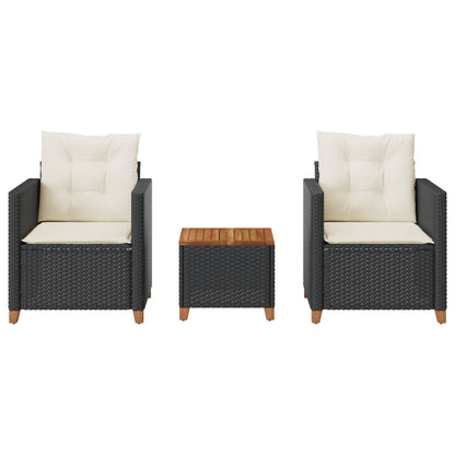 3-tlg. Bistro-Set mit Kissen Schwarz Poly Rattan Akazienholz