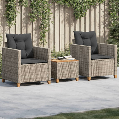 3-tlg. Bistro-Set mit Kissen Grau Poly Rattan Akazienholz