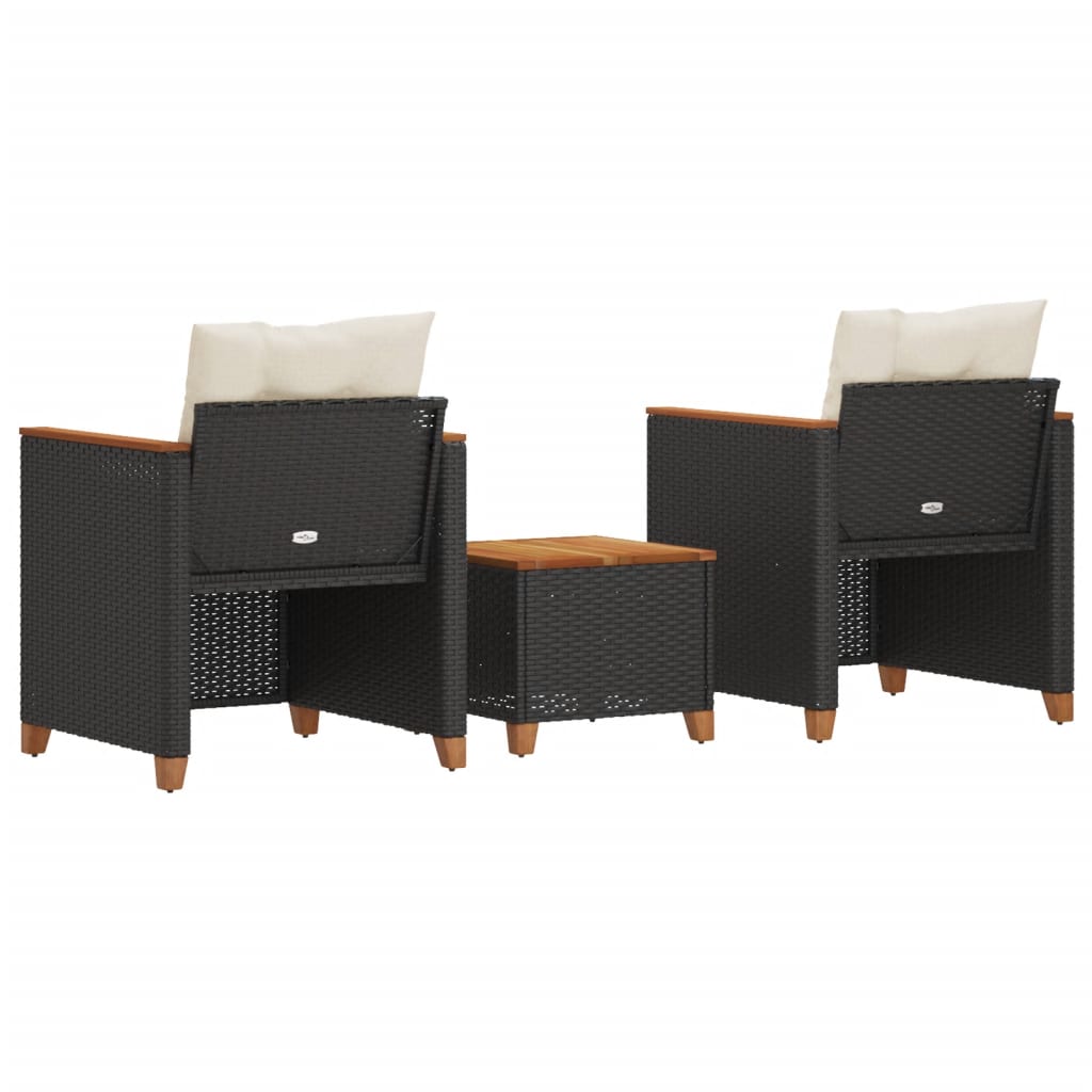 3-tlg. Bistro-Set mit Kissen Schwarz Poly Rattan Akazienholz