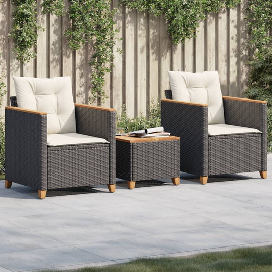 3-tlg. Bistro-Set mit Kissen Schwarz Poly Rattan Akazienholz