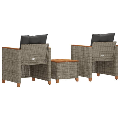 3-tlg. Bistro-Set mit Kissen Grau Poly Rattan Akazienholz