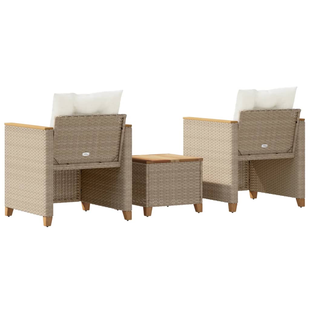 3-tlg. Bistro-Set mit Kissen Beige Poly Rattan Akazienholz