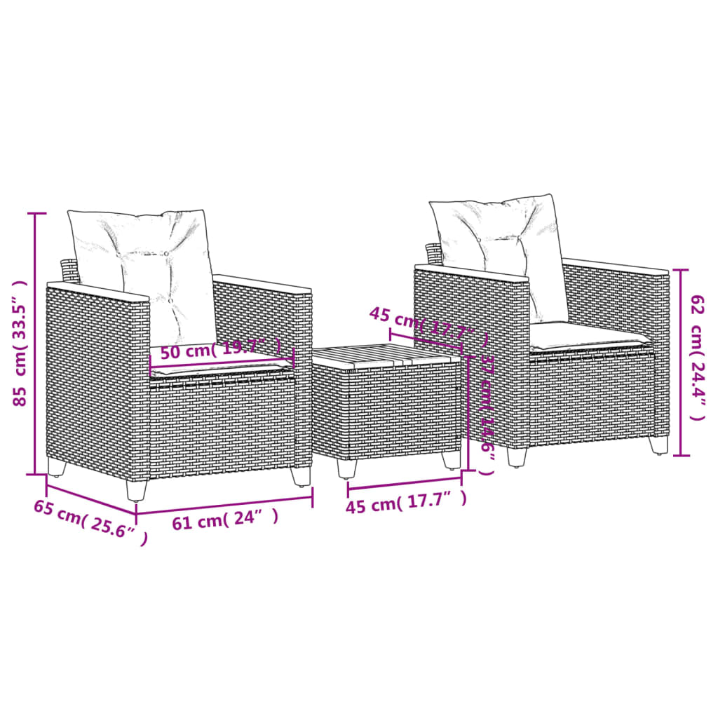 3-tlg. Bistro-Set mit Kissen Beige Poly Rattan Akazienholz