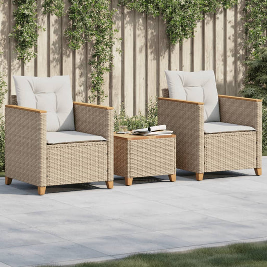 3-tlg. Bistro-Set mit Kissen Beige Poly Rattan Akazienholz