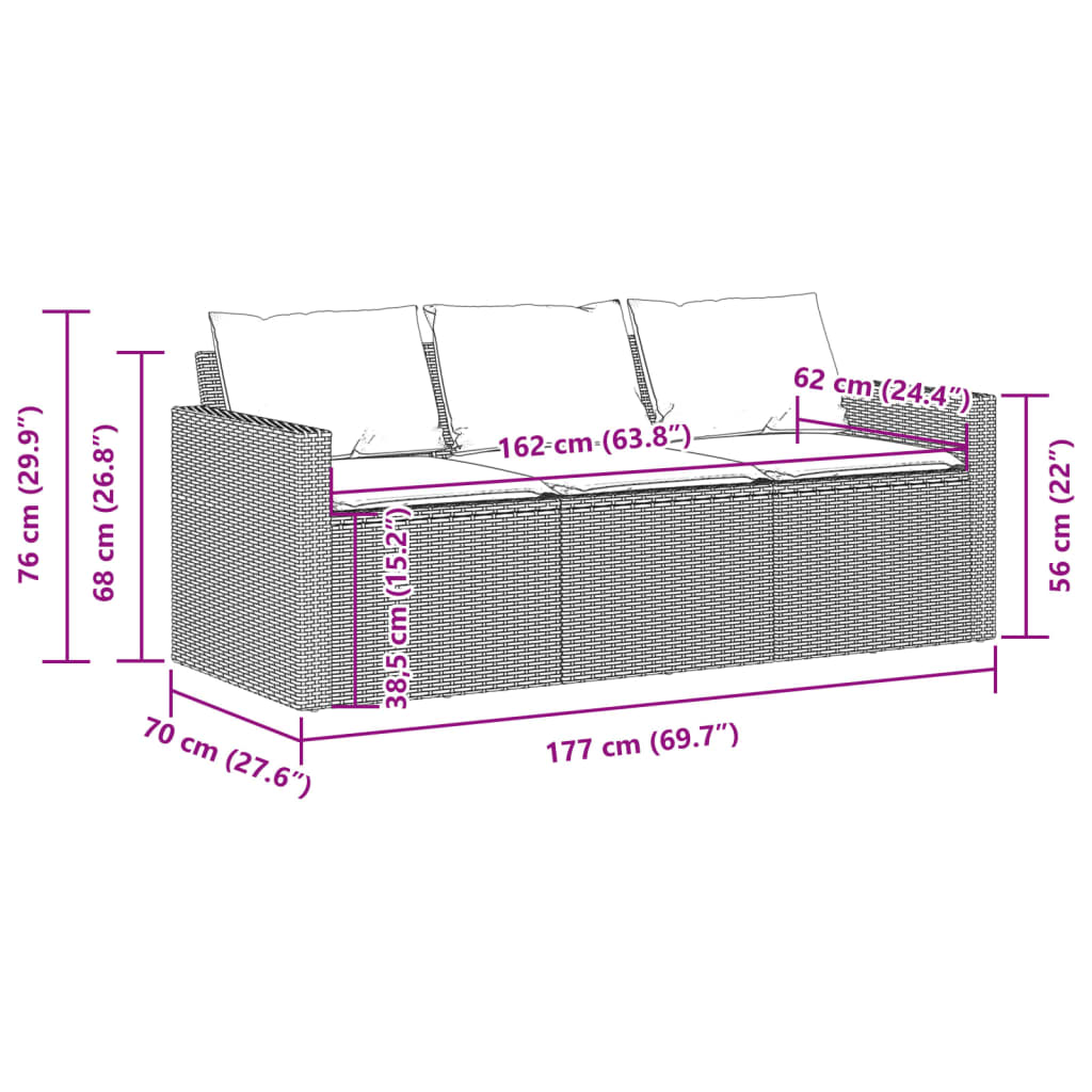 Gartensofa mit Kissen 3-Sitzer Braun Poly Rattan