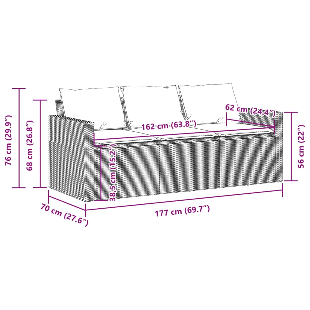 Gartensofa mit Kissen 3-Sitzer Beige Poly Rattan