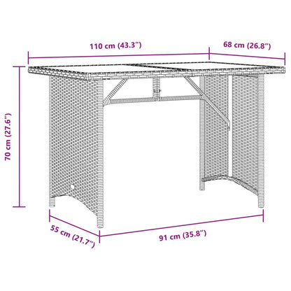 Gartentisch mit Glasplatte Braun 110x68x70 cm Poly Rattan