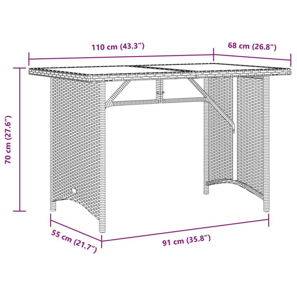 Gartentisch mit Glasplatte Beige 110x68x70 cm Poly Rattan