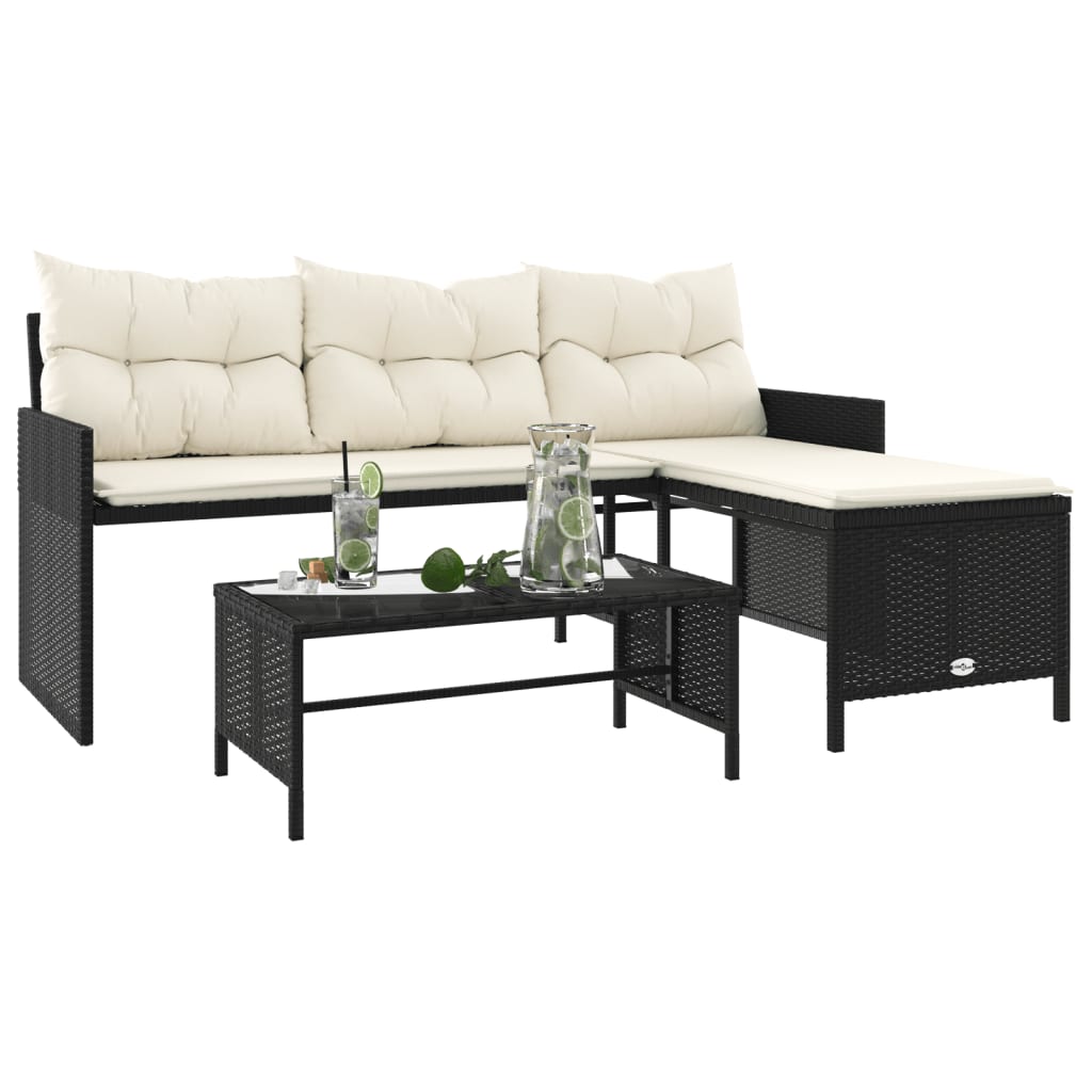 Gartensofa in L-Form mit Tisch und Kissen Schwarz Poly Rattan