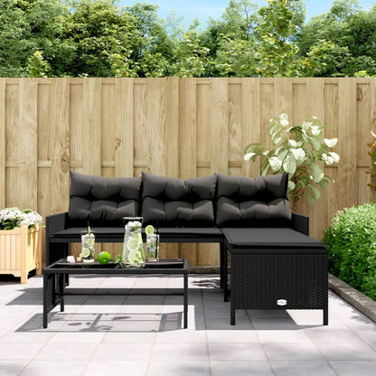 Gartensofa in L-Form mit Tisch und Kissen Schwarz Poly Rattan