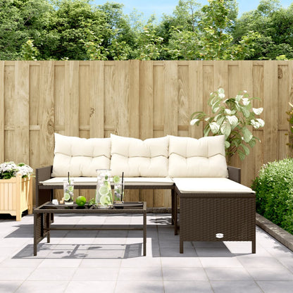 Gartensofa in L-Form mit Tisch und Kissen Braun Poly Rattan