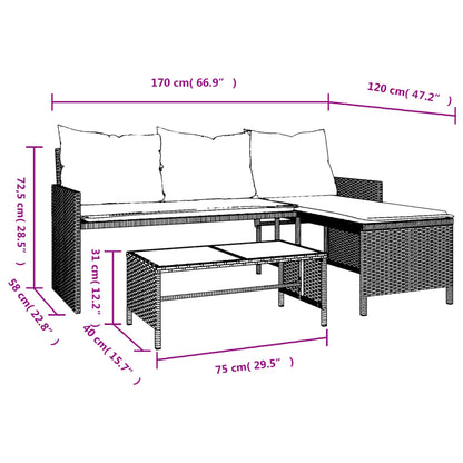 Gartensofa in L-Form mit Tisch und Kissen Grau Poly Rattan