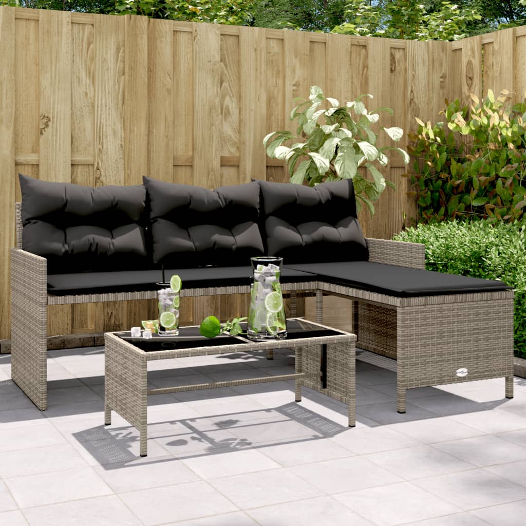 Gartensofa in L-Form mit Tisch und Kissen Grau Poly Rattan