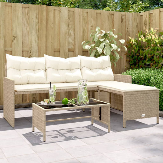 Gartensofa in L-Form mit Tisch und Kissen Beige Poly Rattan