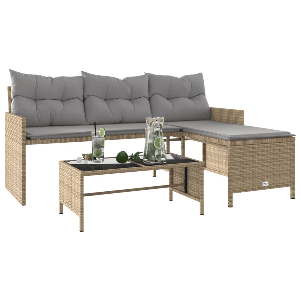 Gartensofa in L-Form mit Tisch und Kissen Beige Poly Rattan