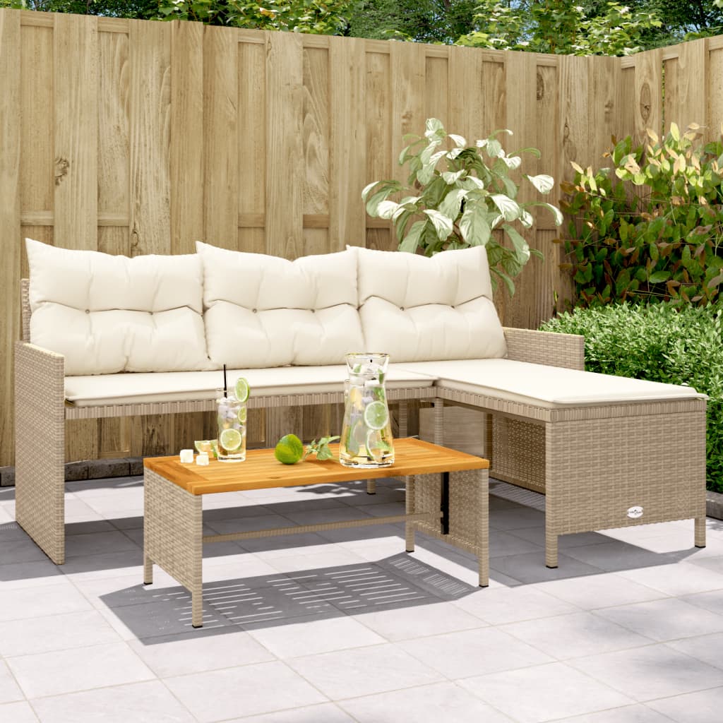 Gartensofa in L-Form mit Tisch und Kissen Beige Poly Rattan