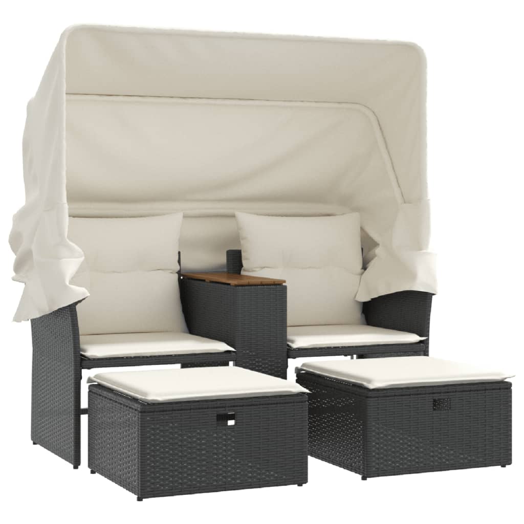 Gartensofa 2-Sitzer mit Dach und Hockern Schwarz Poly Rattan