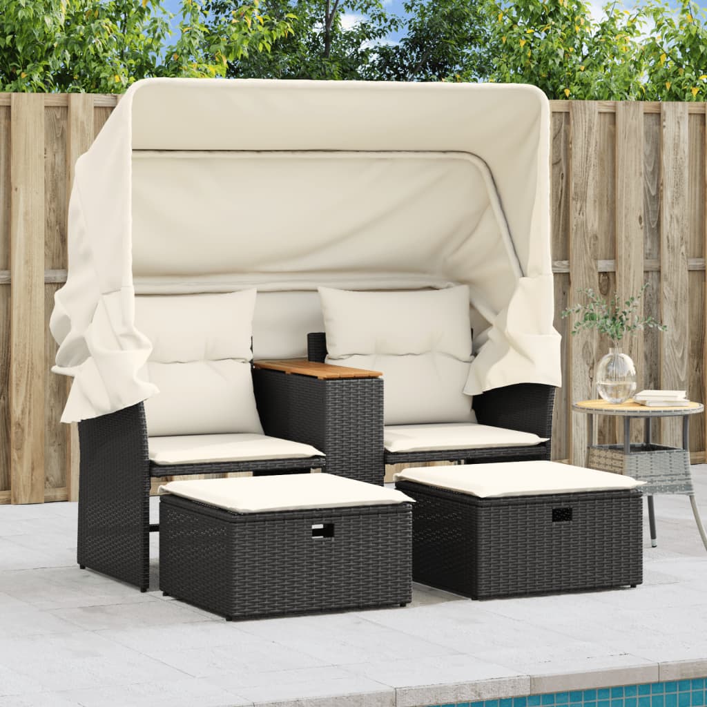 Gartensofa 2-Sitzer mit Dach und Hockern Schwarz Poly Rattan