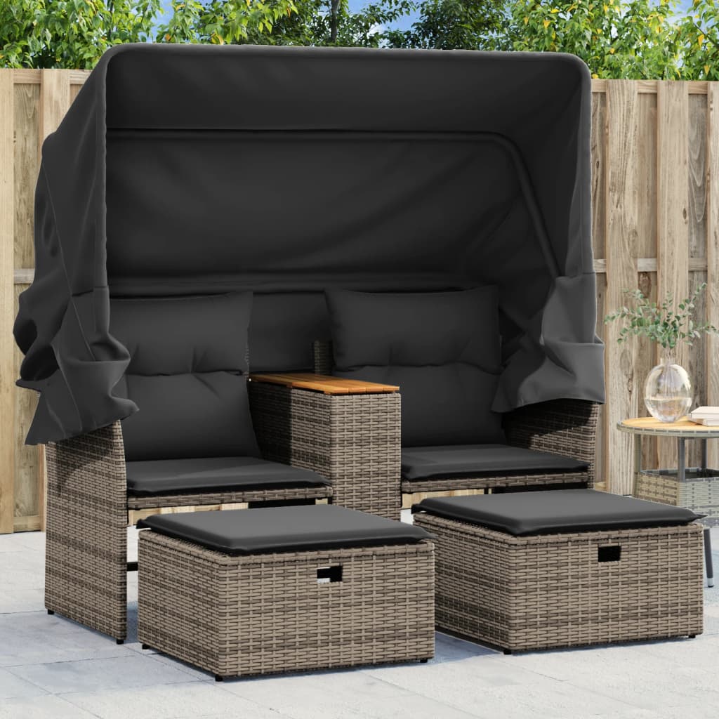 Gartensofa 2-Sitzer mit Dach und Hockern Grau Poly Rattan