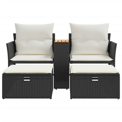 Gartensofa 2-Sitzer mit Hockern Schwarz Poly Rattan