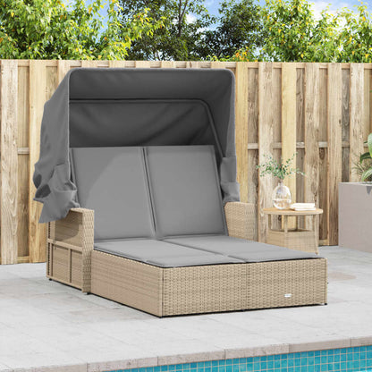 Doppel-Sonnenliege mit Dach und Auflagen Beige Poly Rattan