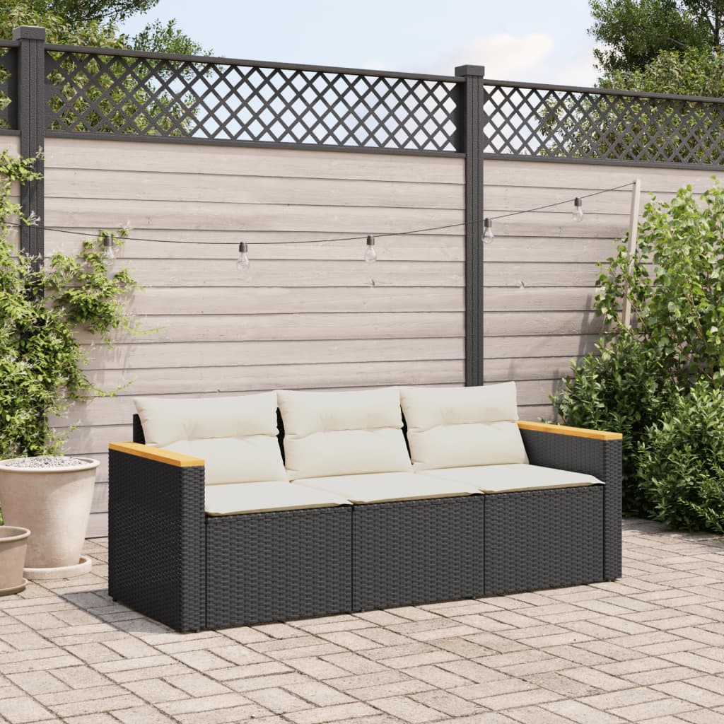 Gartensofa mit Kissen 3-Sitzer Schwarz Poly Rattan