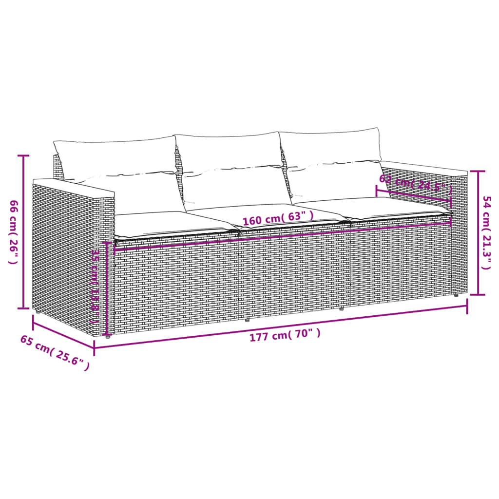 Gartensofa mit Kissen 3-Sitzer Beige Poly Rattan