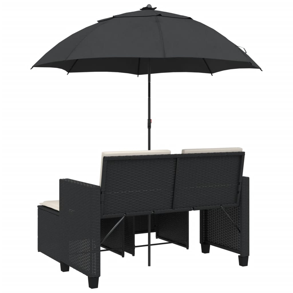 Gartensofa 2-Sitzer Sonnenschirm und Hocker Schwarz Poly-Rattan