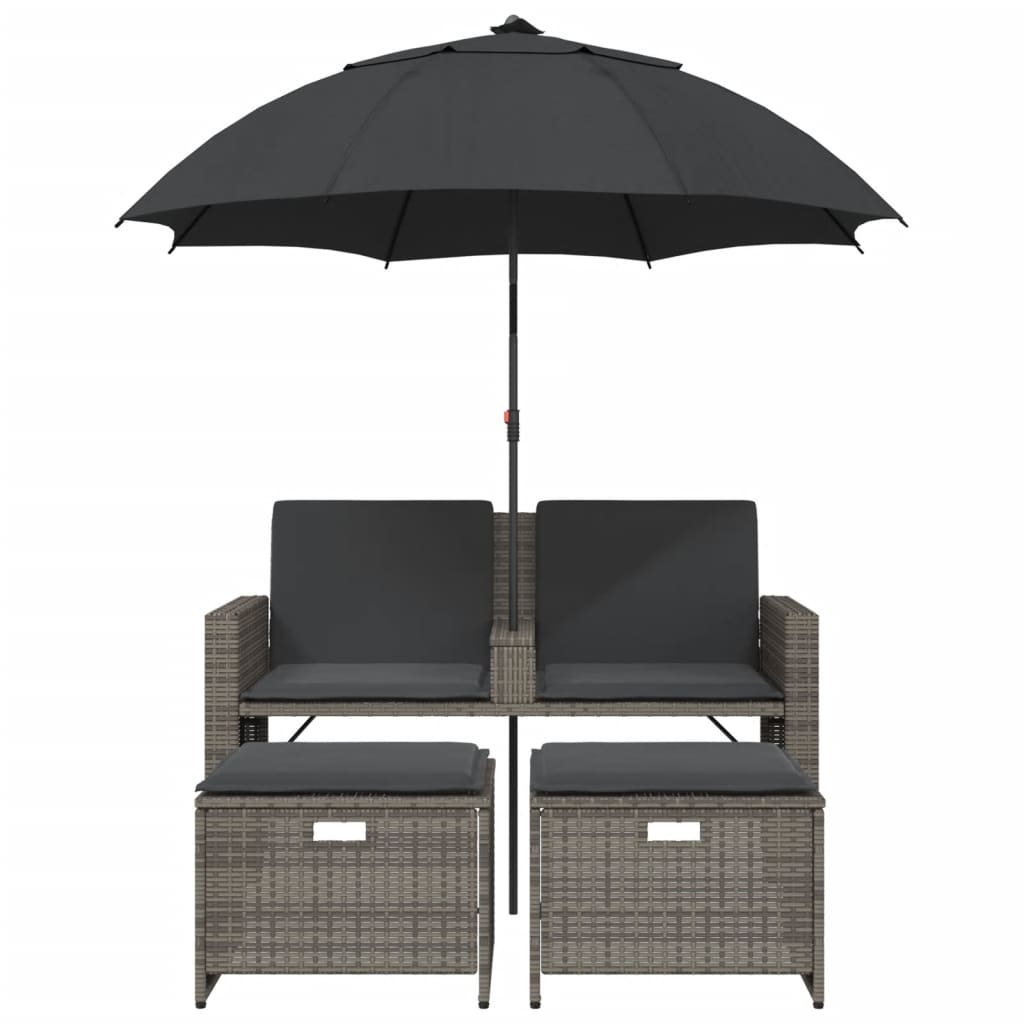 Gartensofa 2-Sitzer Sonnenschirm und Hocker Grau Poly Rattan