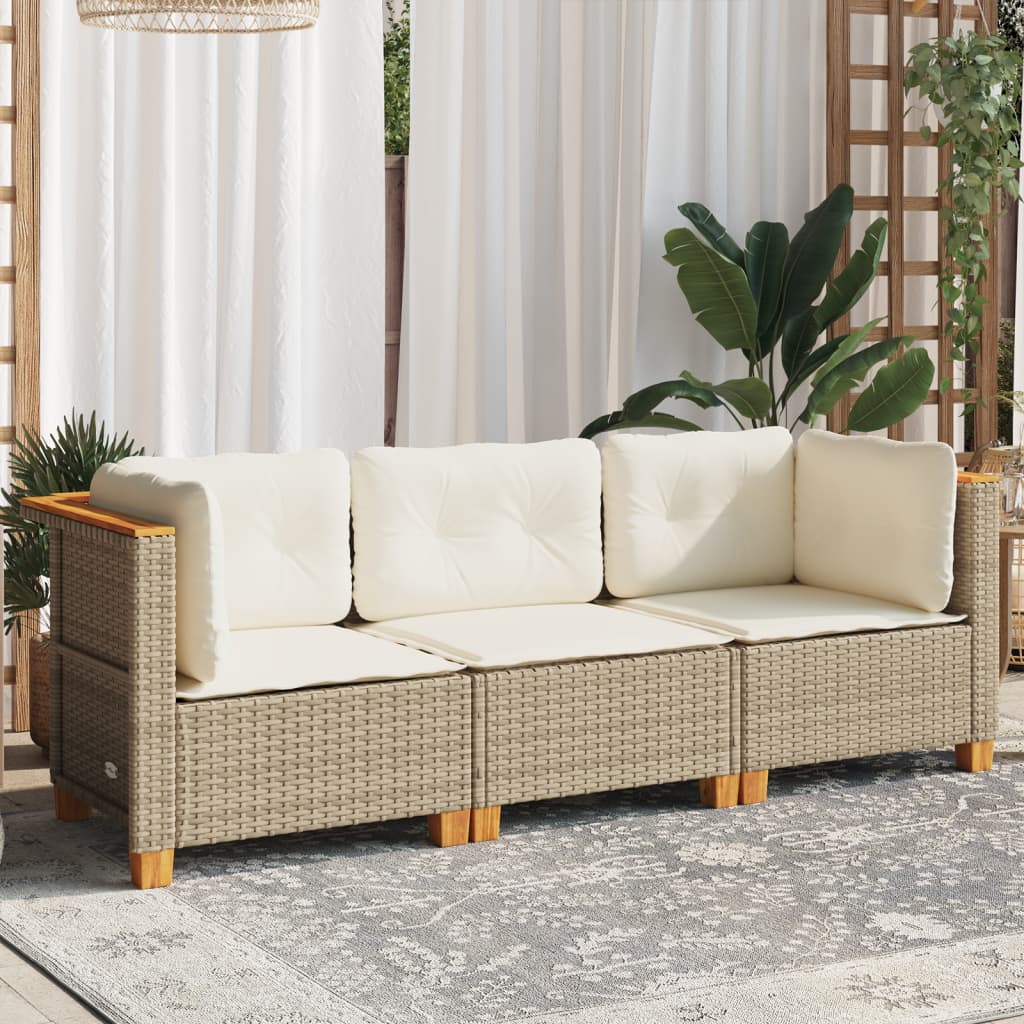 Gartensofa mit Kissen 3-Sitzer Beige Poly Rattan